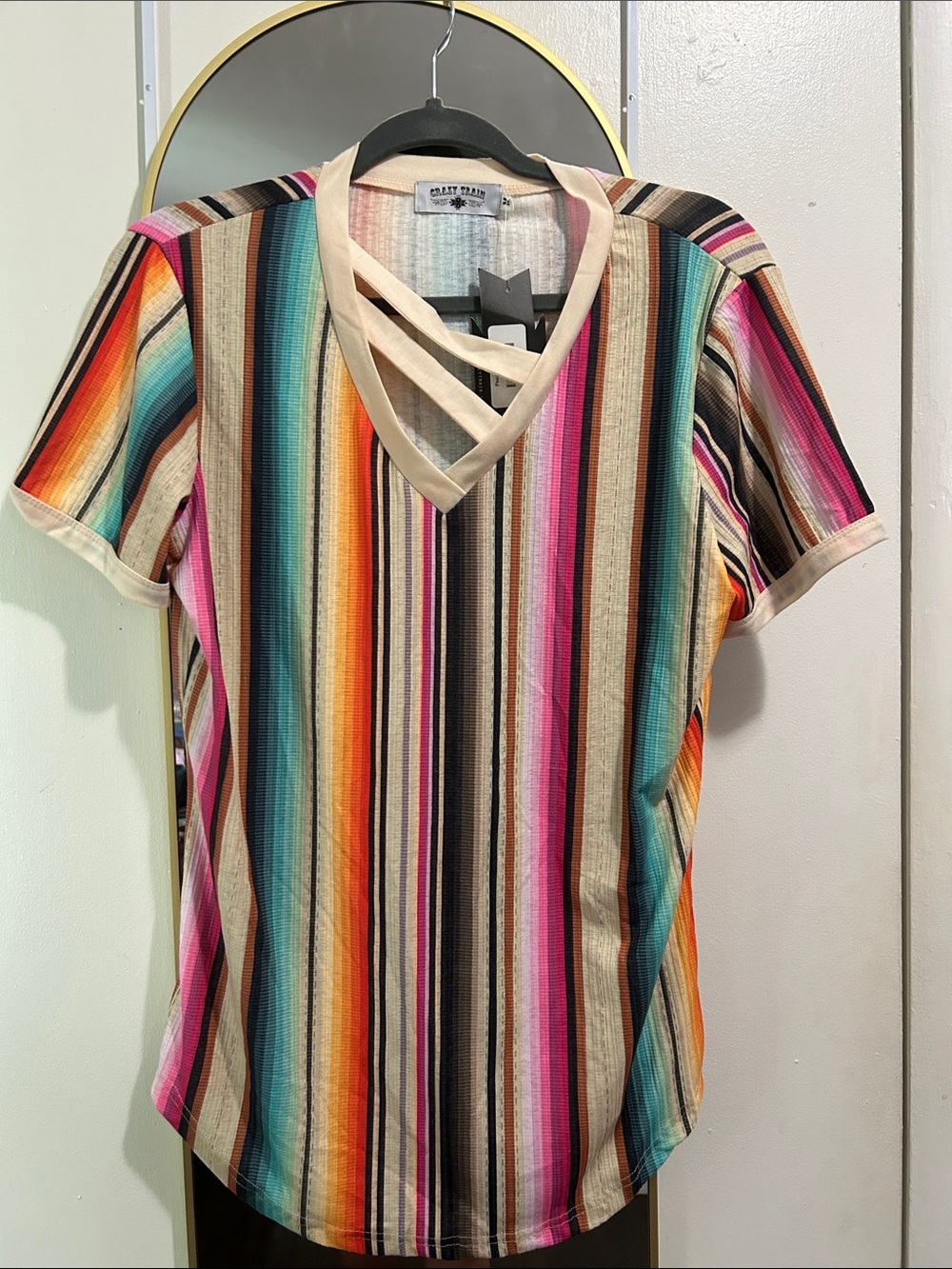 Crazy Train Multicolor Vertical Stripe V-Neck Short Sleeve Top